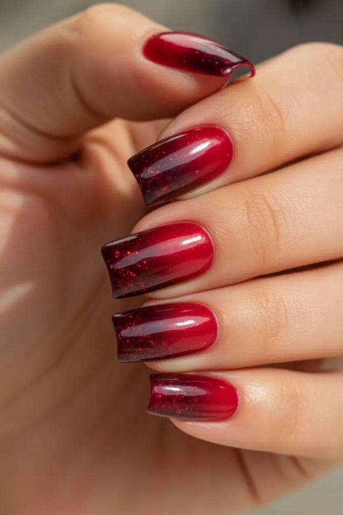 Bold cherry red with holographic sparkle