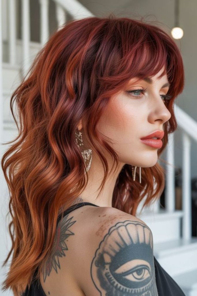 Warm copper wolf cut layers.