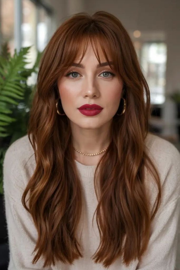 Copper micro bangs with long flowing locks