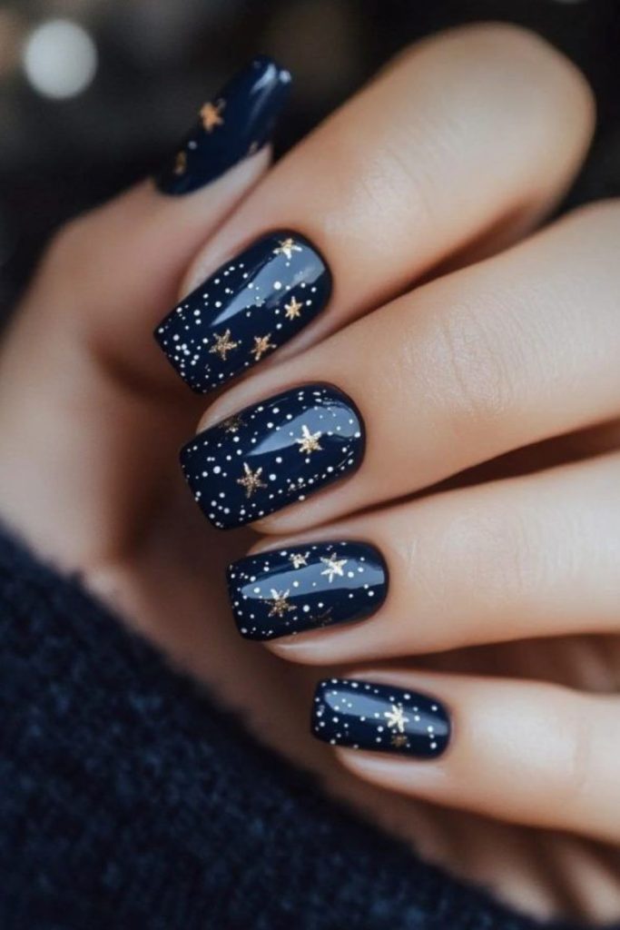 Midnight navy nails with sparkling stars.