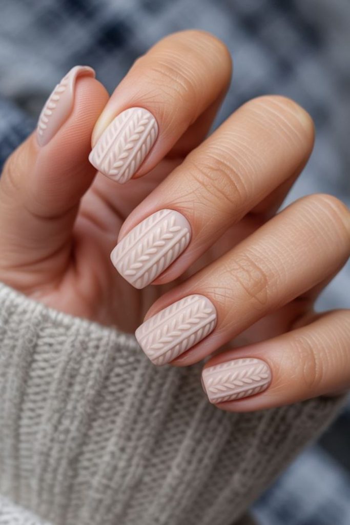 Winter knit-inspired beige textured nails