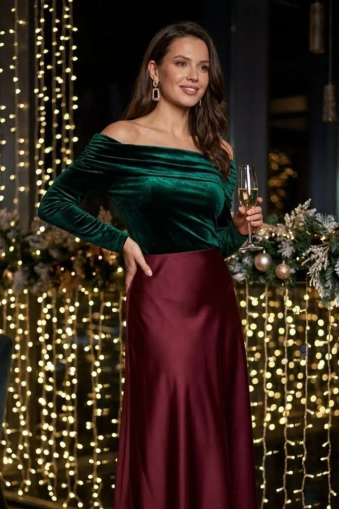 Crimson velvet corset with satin skirt