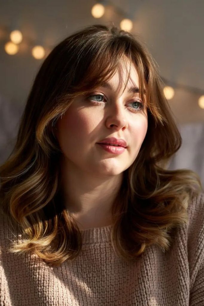 Curtain wisps dancing across cheekbones softly