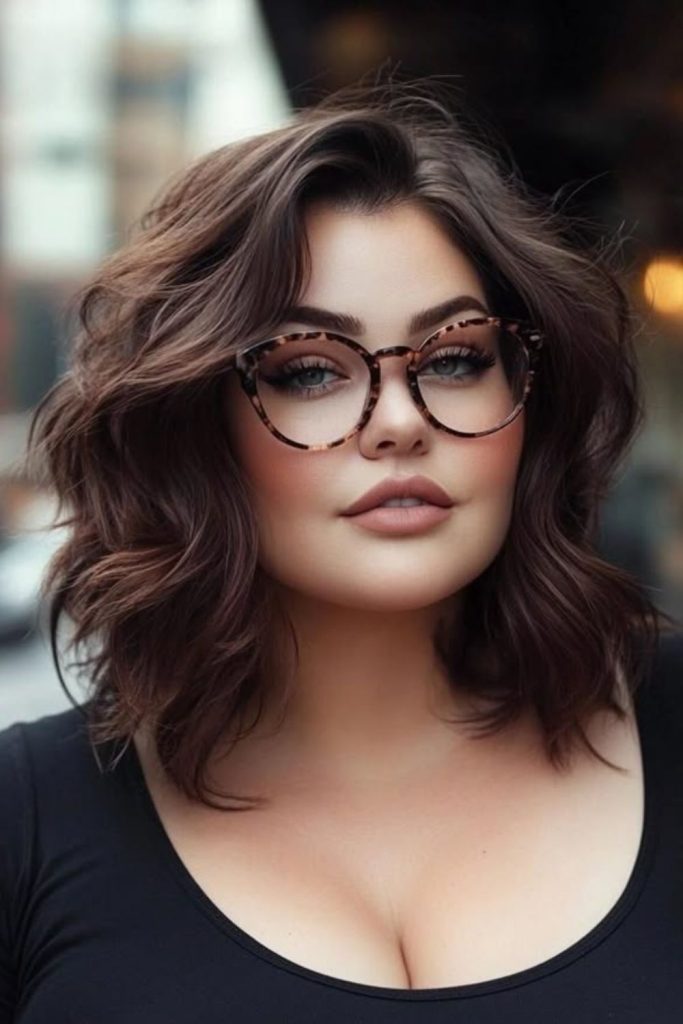 Curved angled lob with face-framing layers