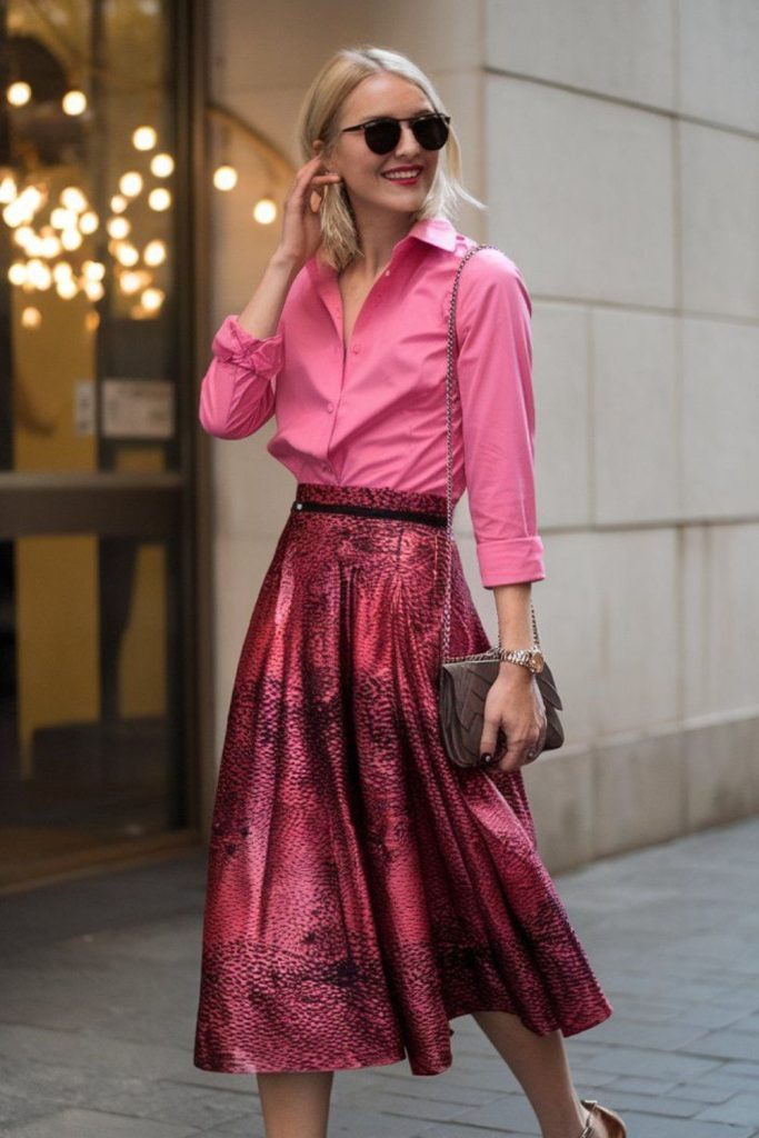 Satin blouse with flowing midi skirt