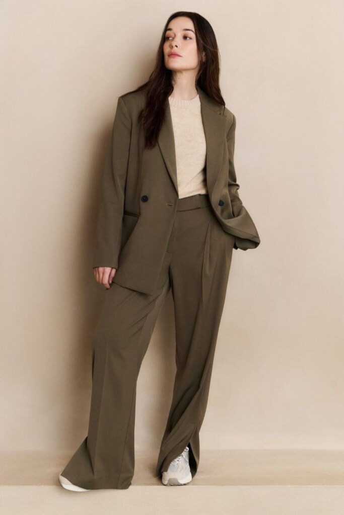 Earth-toned tailored blazer with matching pants