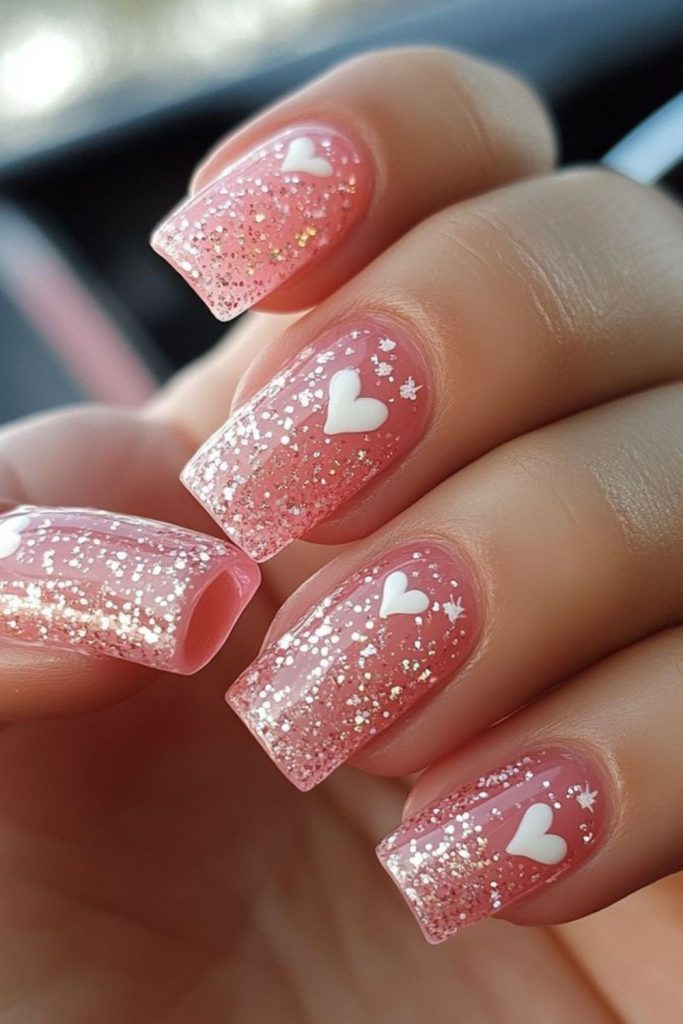 Tiny diamond hearts glitter across nails