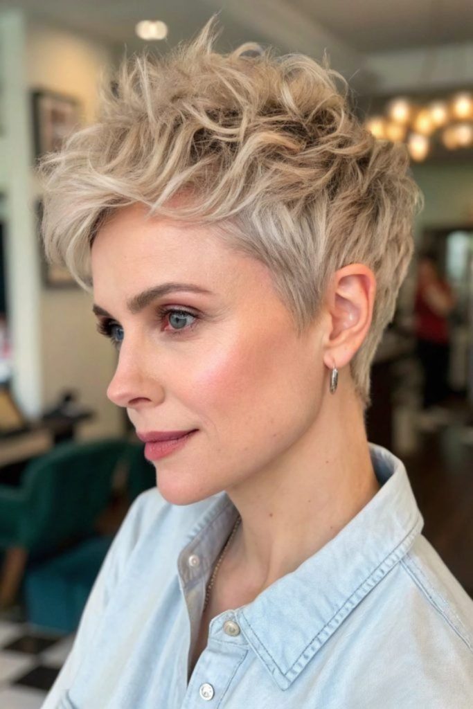 Ash-toned textured crown with natural movement.
