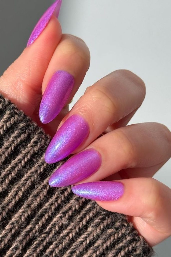 Fuchsia purple nails with silver highlights