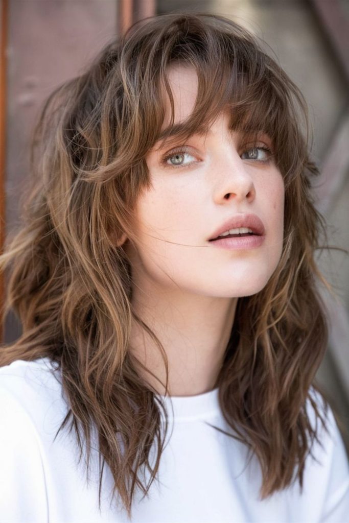 Fiery textured shag with micro bangs.