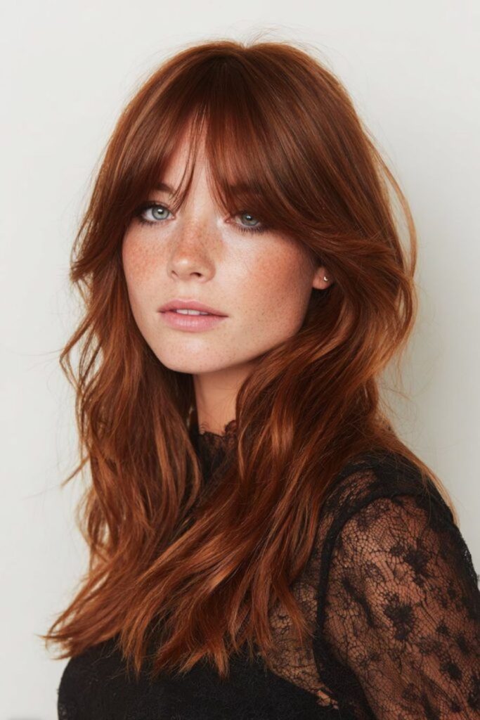 Amber-tipped micro bangs with silky waves