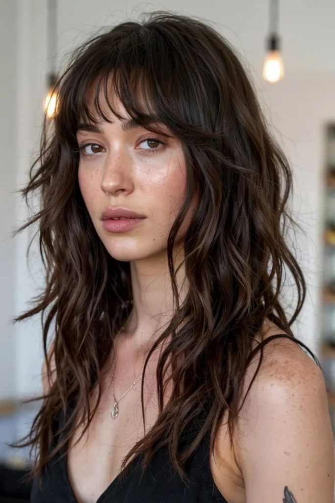 Dark micro bangs with layered tresses