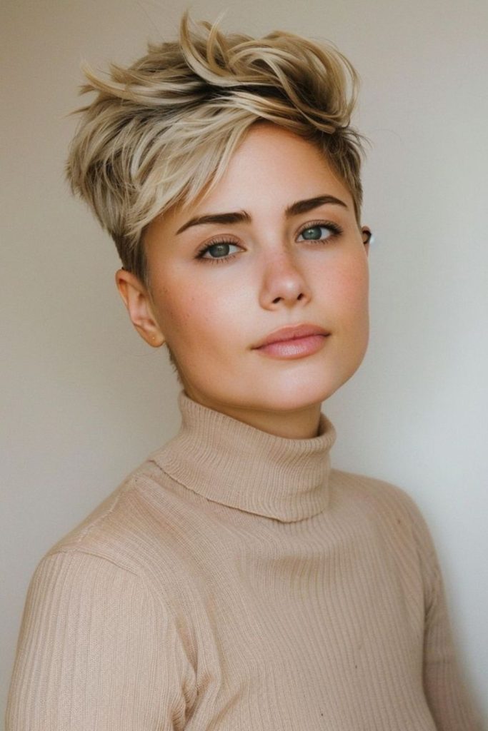 Retro feather crown pixie haircut.