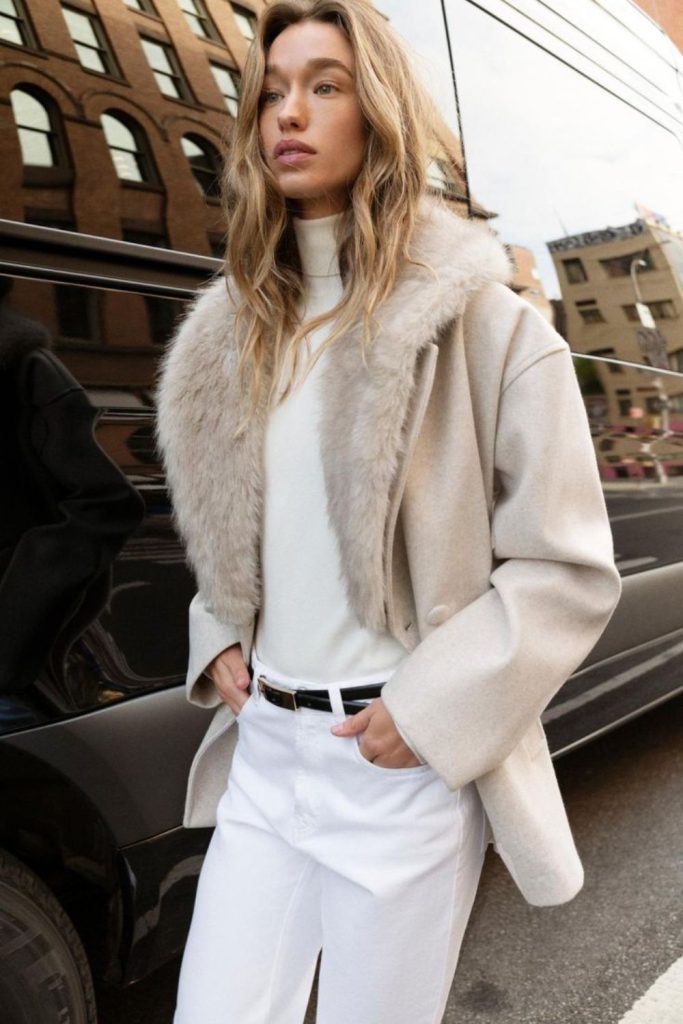 Feathered collar coat with straight-leg pants