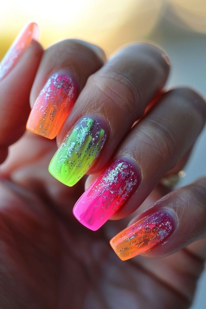 Bright neon nails with scattered glitter splashes.
