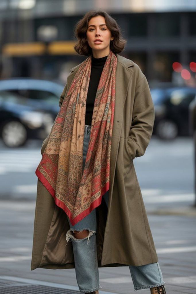 Thick overcoats with silk scarves ensemble