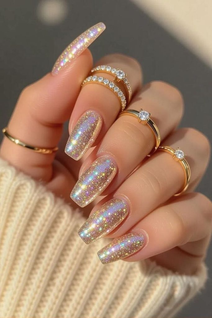 Frosted champagne nails with calm sophistication.