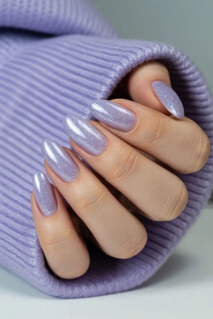 Pale lavender nails with frosted shimmer