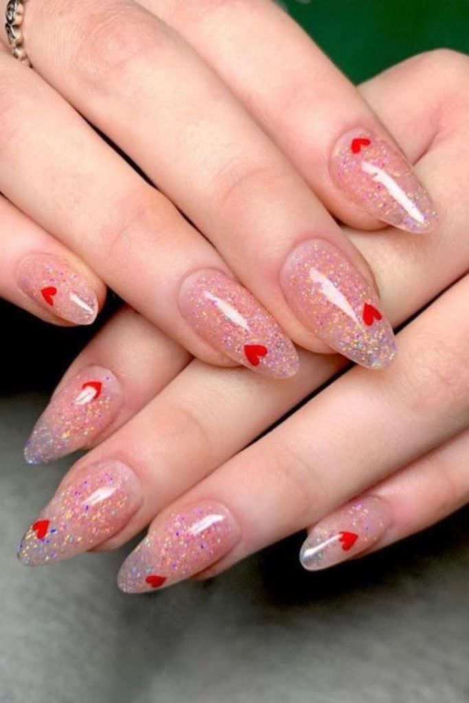 Frosted glass effect Valentine nails.