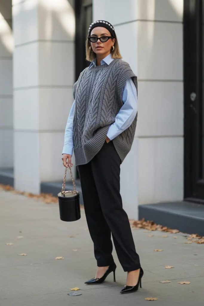 Sculptural knit cap paired with slim pants