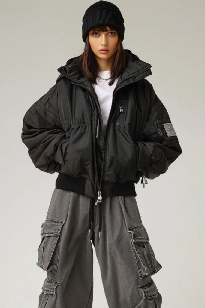 Futuristic oversized jacket with cargo pants