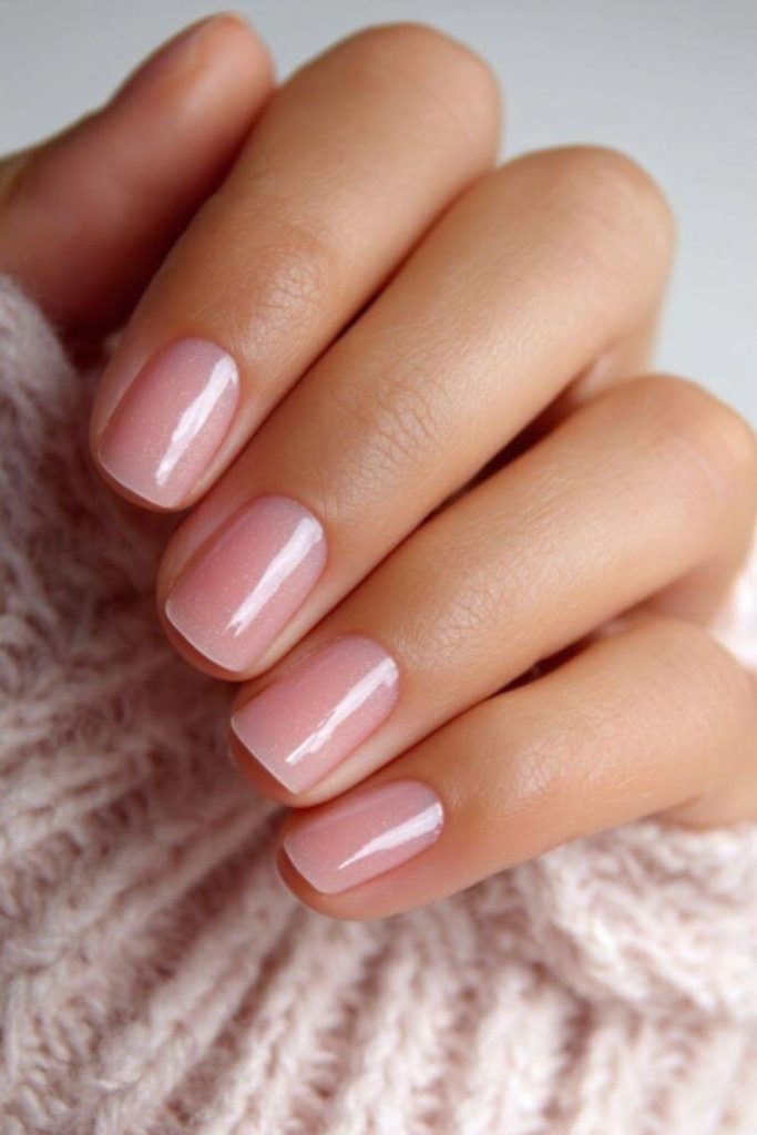 Transparent pink glossy nails.