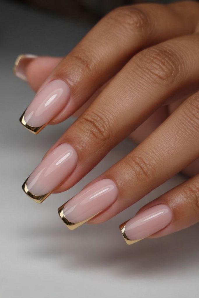 Golden tips on muted beige nails.
