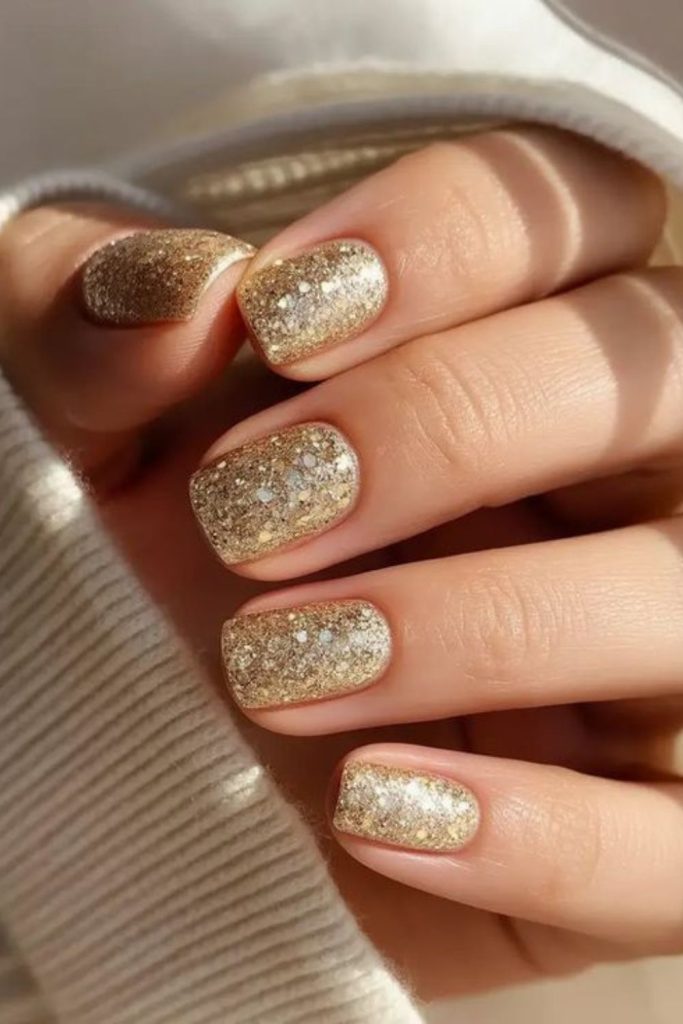 Neutral nails scattered with gold glitter