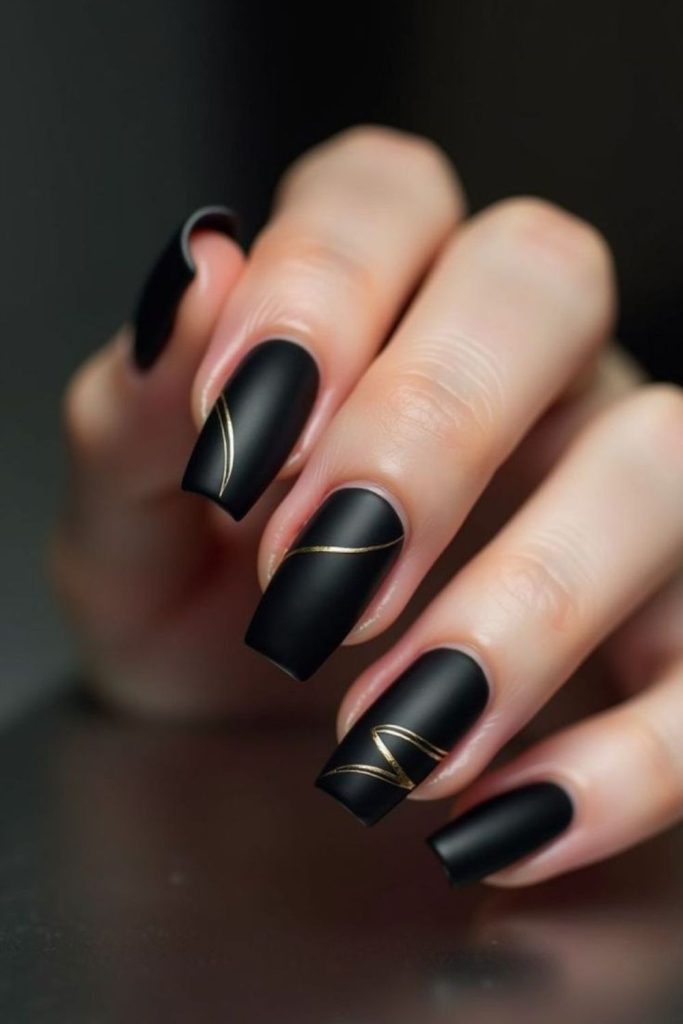 Matte black nails with twisting gold spirals.