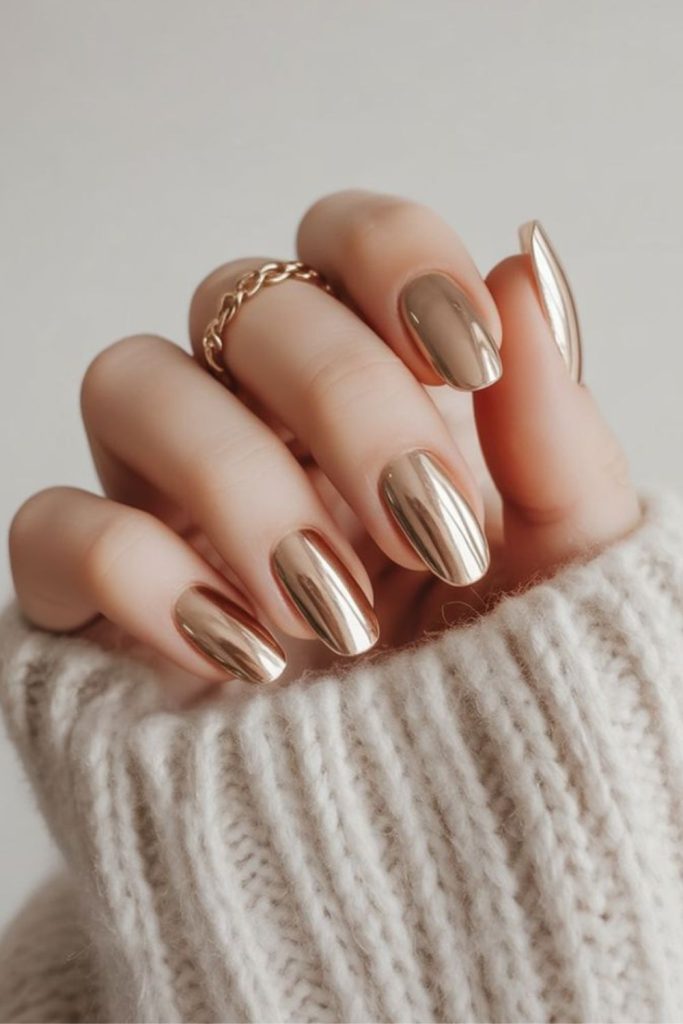 Warm caramel nails with satin shine.