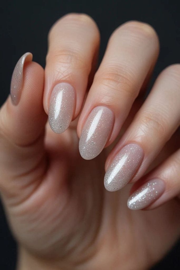 Subtle pearl shimmer nude nails.