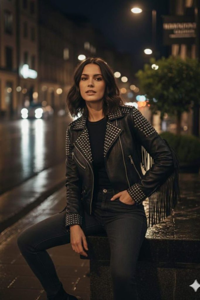 Textured leather jacket with studs