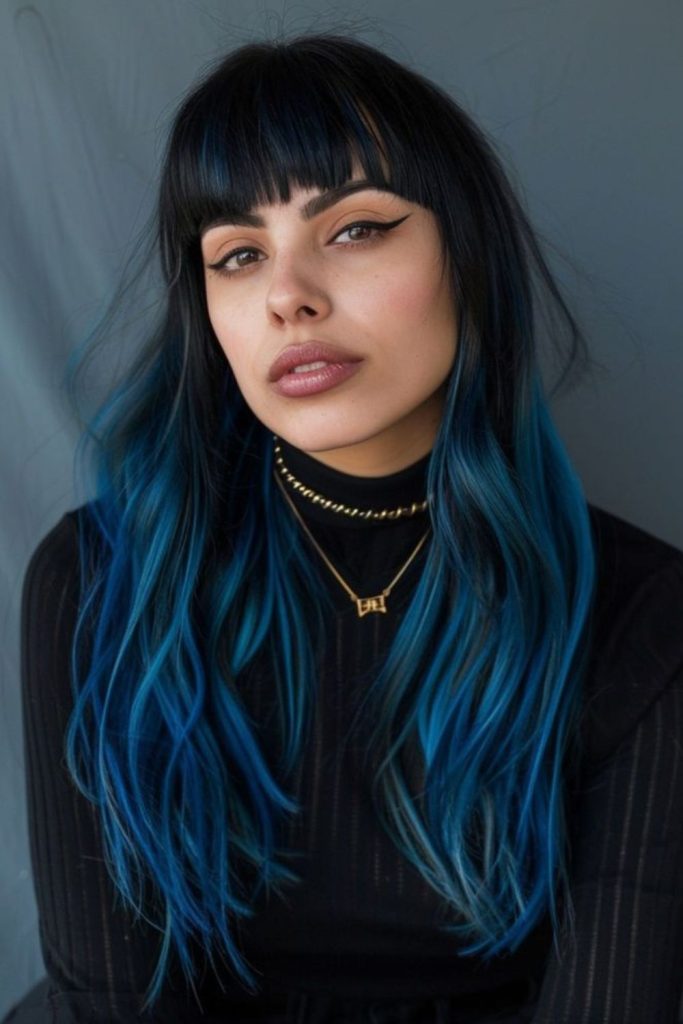 Indigo micro bangs with long hair