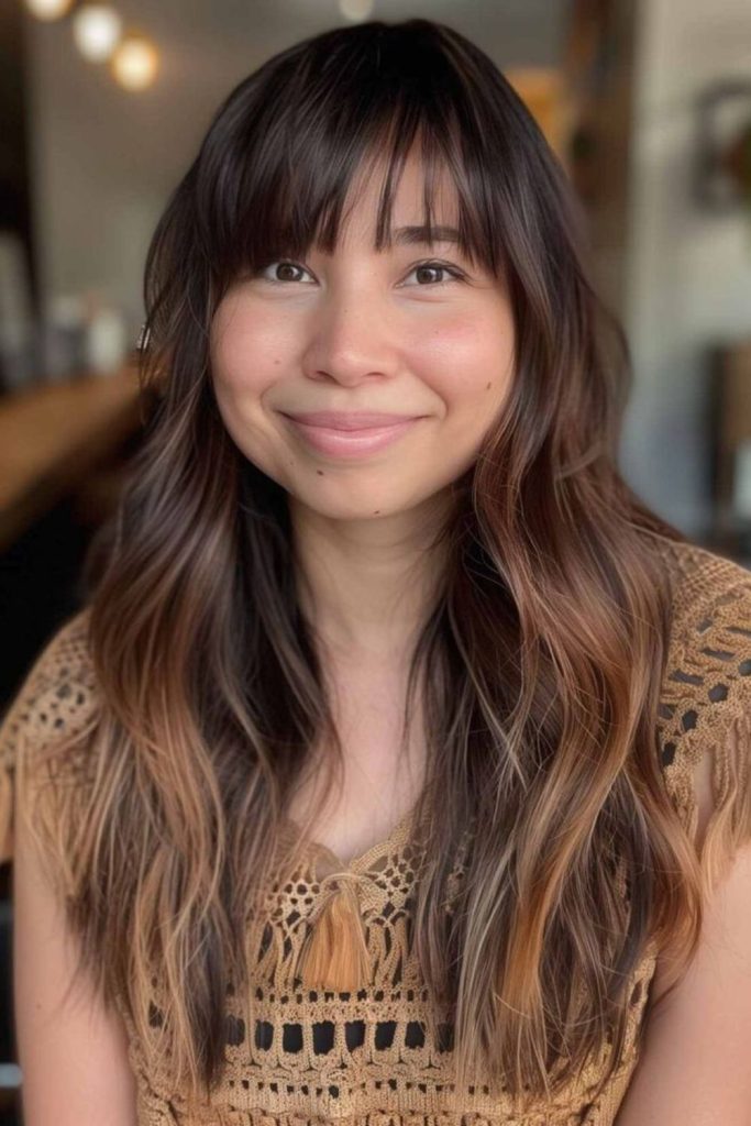 Jagged diagonal fringe cutting across forehead