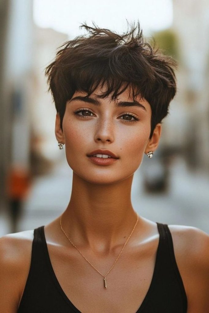 Tousled jazz-inspired pixie haircut style.