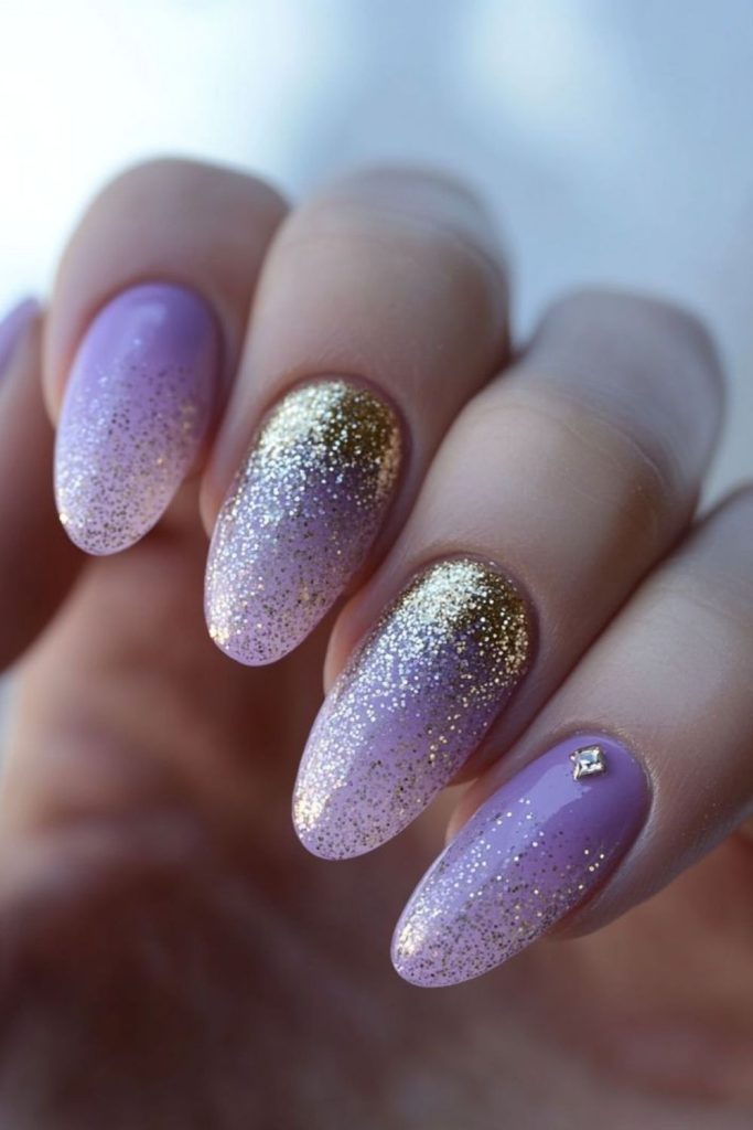 Lavender nails with silver shimmer highlights.