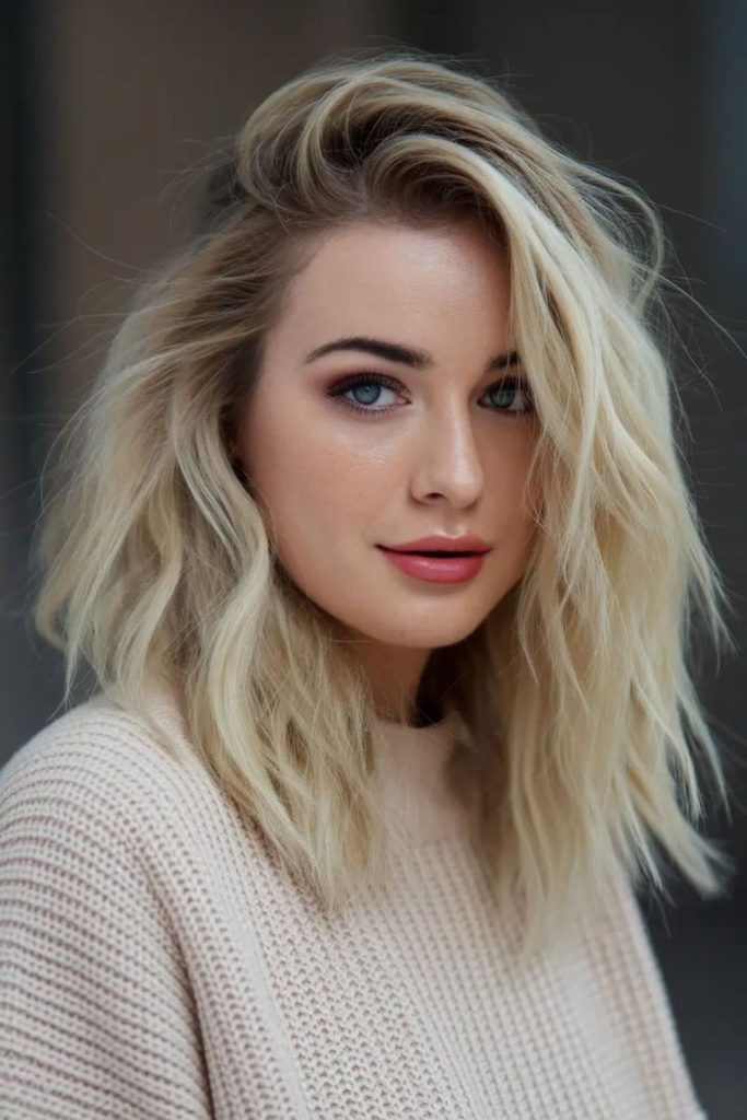 Angled lob with layered face-framing ends