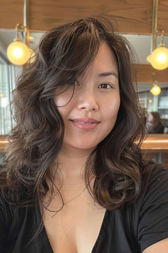 Layered diagonal bangs creating motion effect