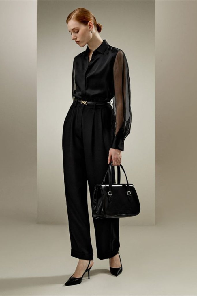 Sheer collared blouse with straight trousers