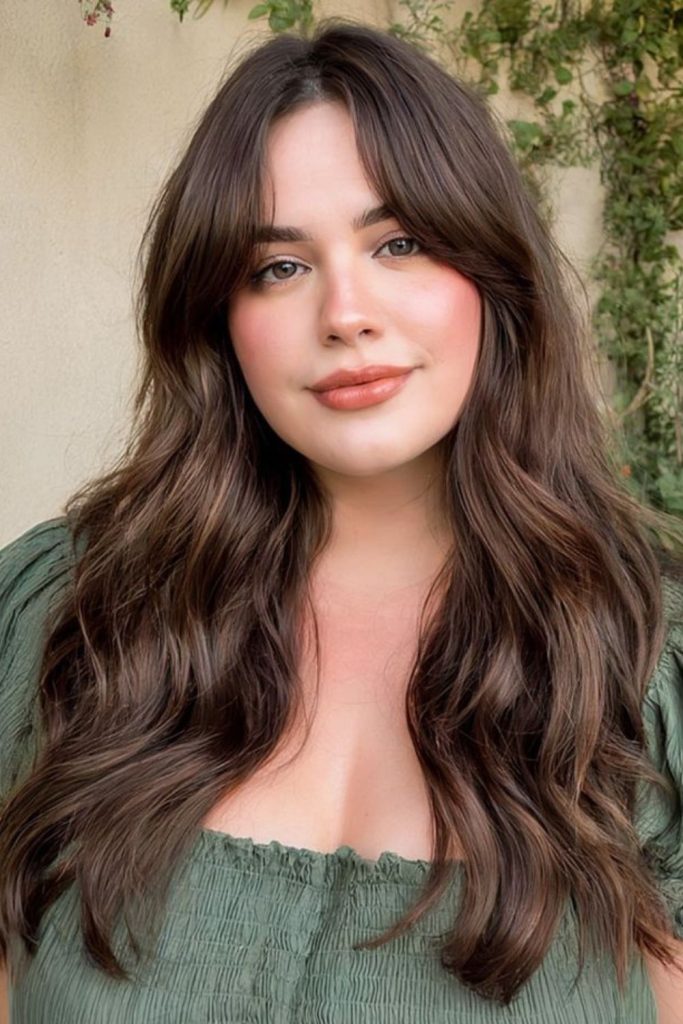 Long curtain layers falling past shoulders