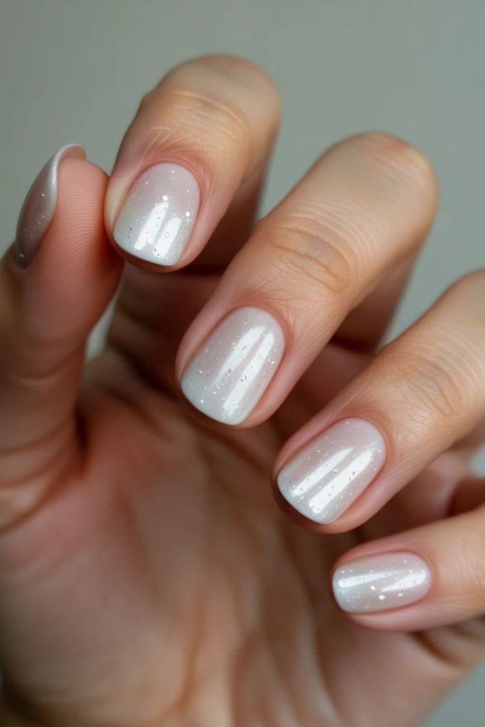 Milky white nails with silver shimmer