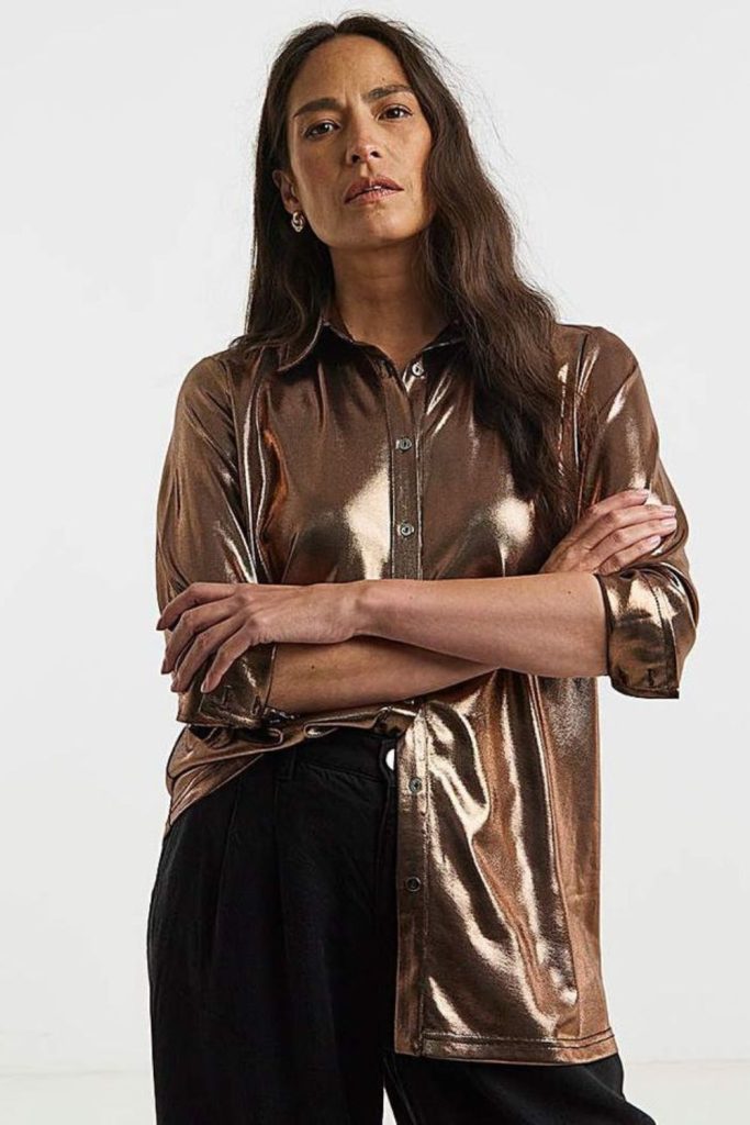Bronze metallic overshirt with slim pants