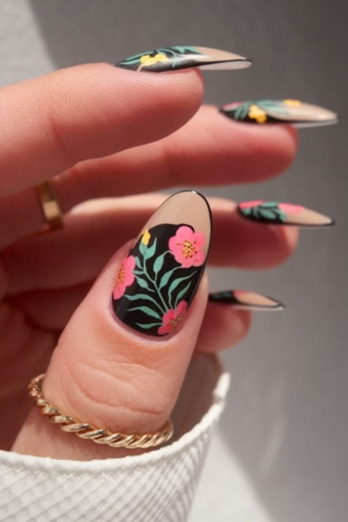 Black nails with neon flowers
