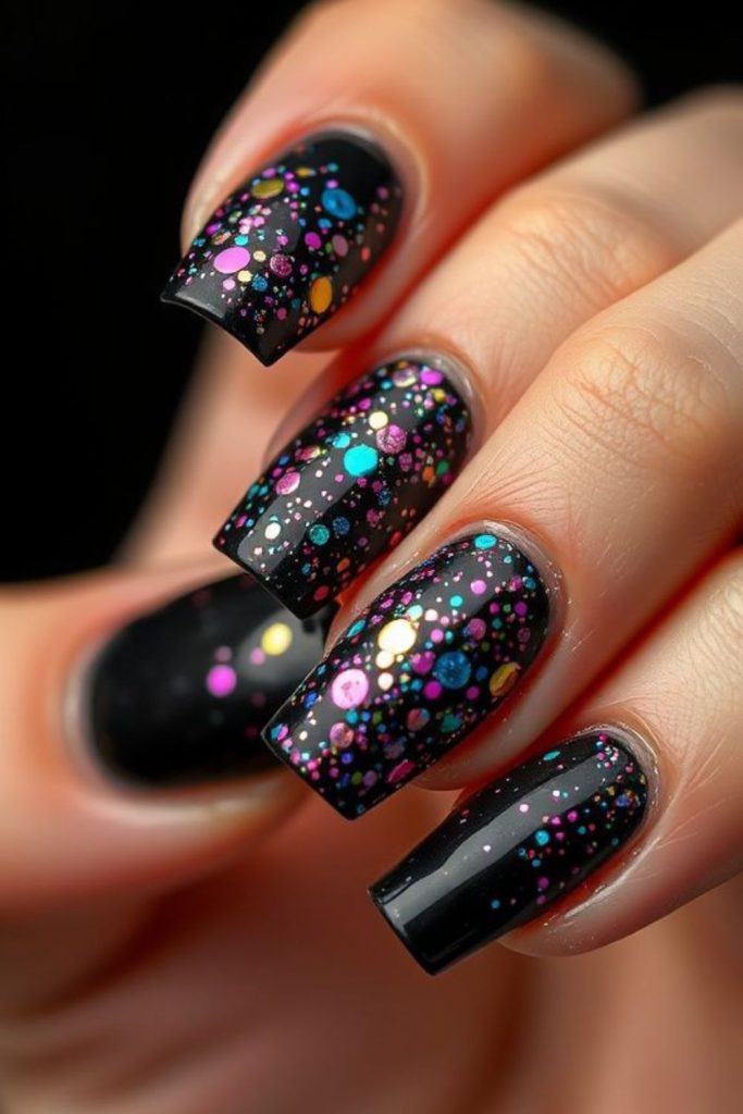 Black nails with random neon glitter stars.