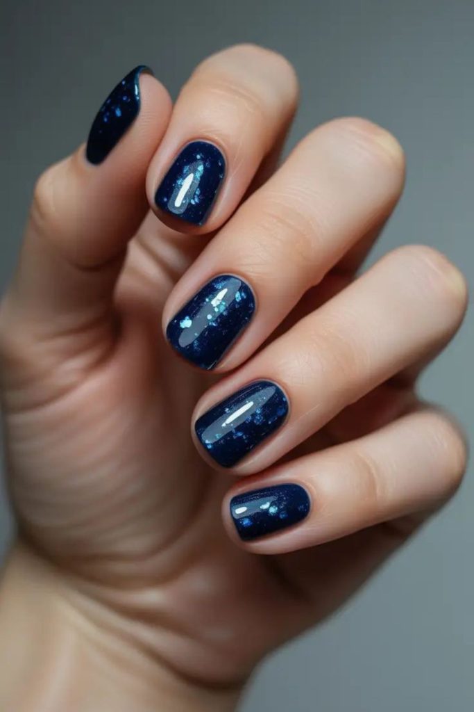 Navy nails with tiny frost specks