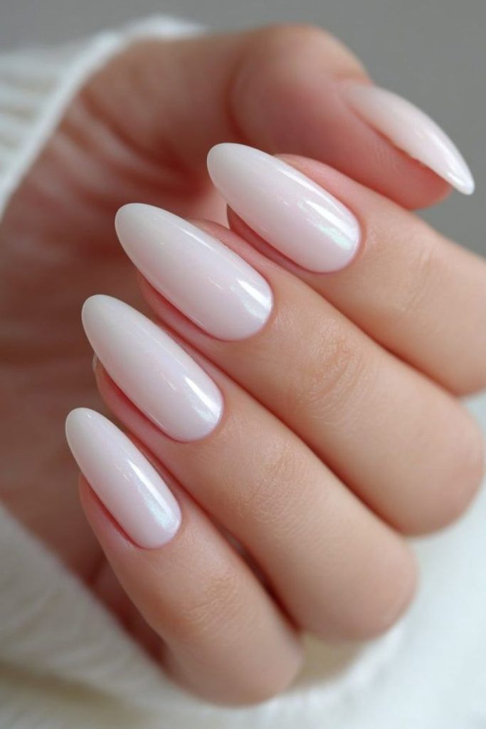 Frosted pearl milky nails shine gently.