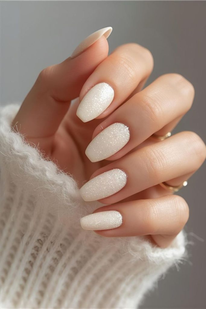 Frosted milk nails soft cool glow.