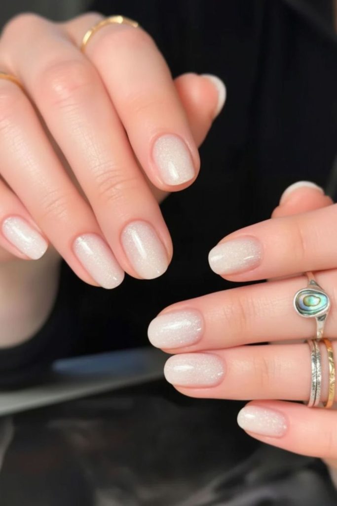 White nails with vertical pearlescent streaks