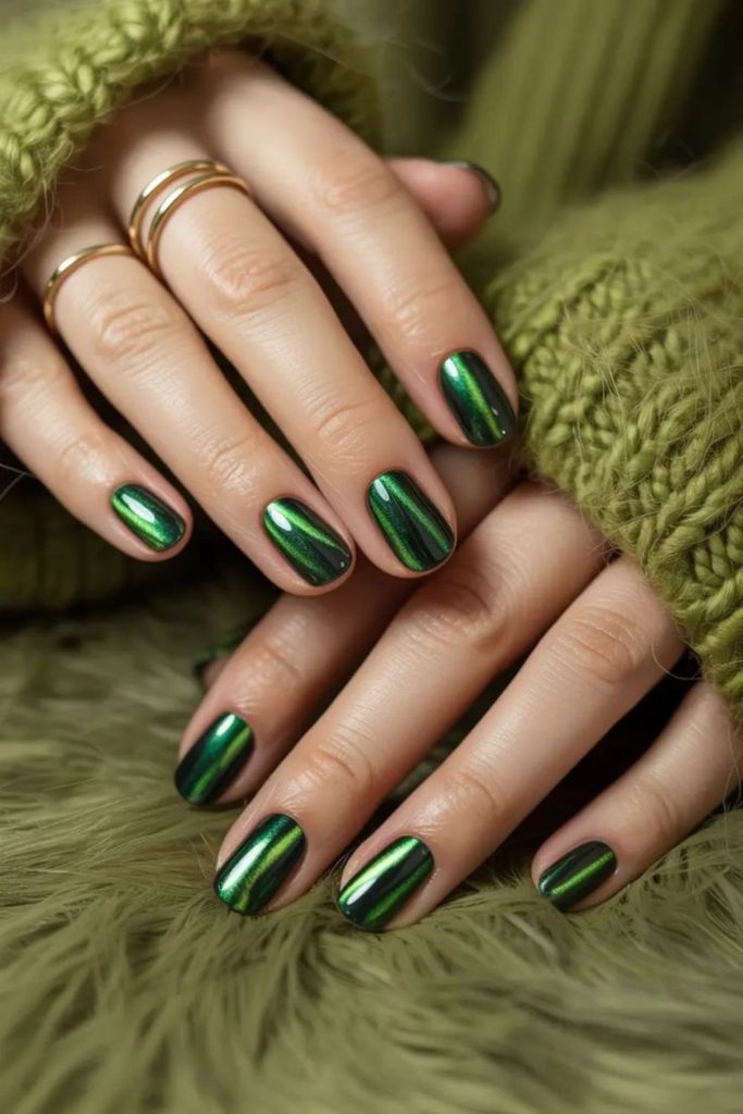 Emerald magnetic shimmer nail design