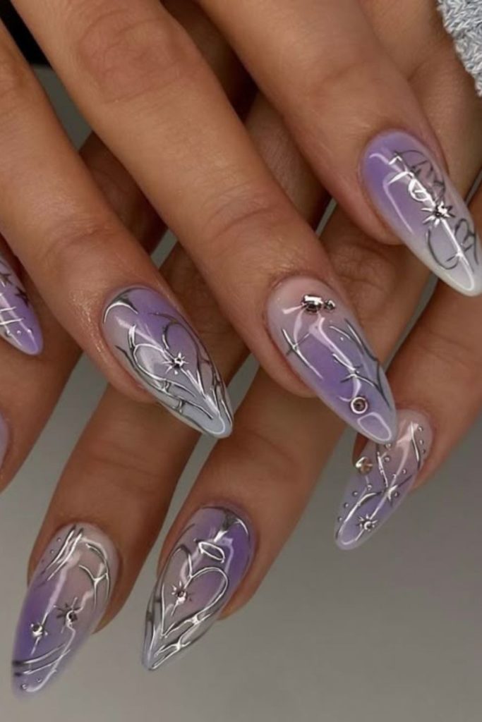 Silver lace patterns over lavender